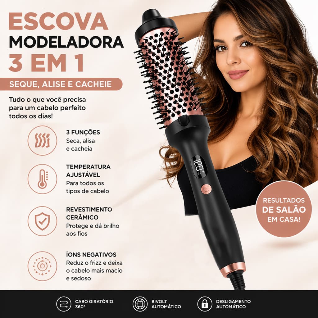 Escova Térmica 3 em 1 Alisadora e Modelador de Cachos 38mm Bivolt com Íons 150–210°C