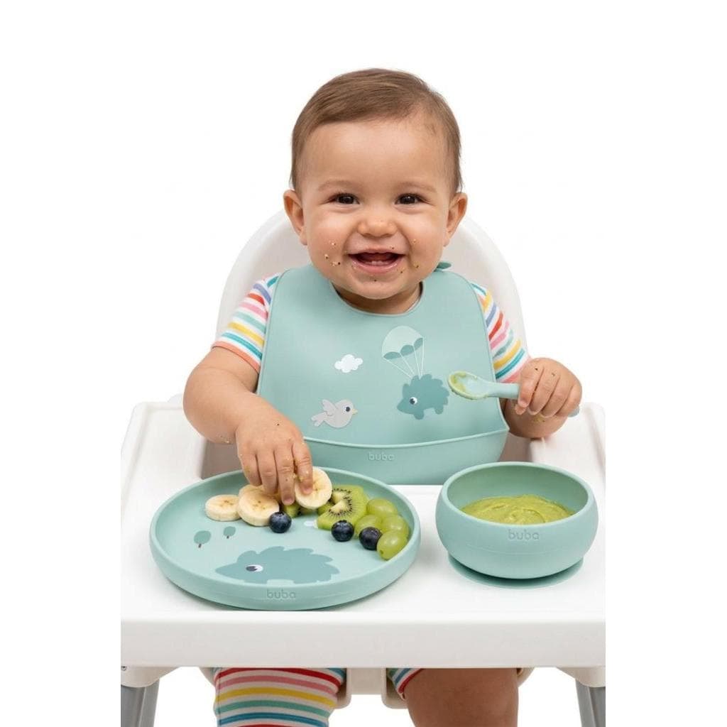 Kit introdução alimentar Buba Prato bowl e babador silicone Bebê