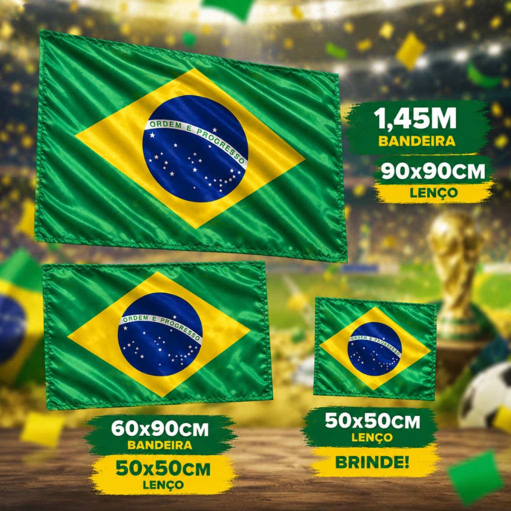 Bandeira do Brasil Decorativo para Copa do Mundo nos Tamanhos 1,45x90 c/Lenço 90x90 e 60x90 c/Lenço 50x50 de Brinde