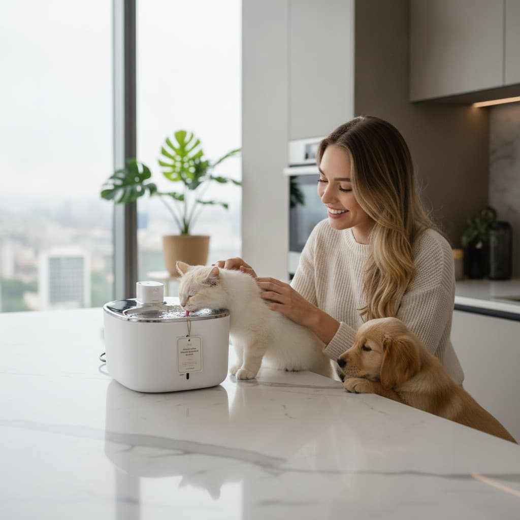 Fonte de Água Pet Automática Sem Fio Luxe Branco em Aço Inoxidável para Cães e Gatos | Higiene