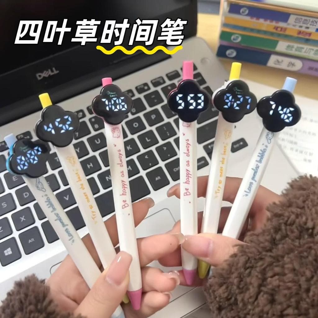 Caneta de tempo de trevo de quatro folhas, caneta de Gel tipo Push para estudantes, relógio pequeno, mudo, pode ver o te