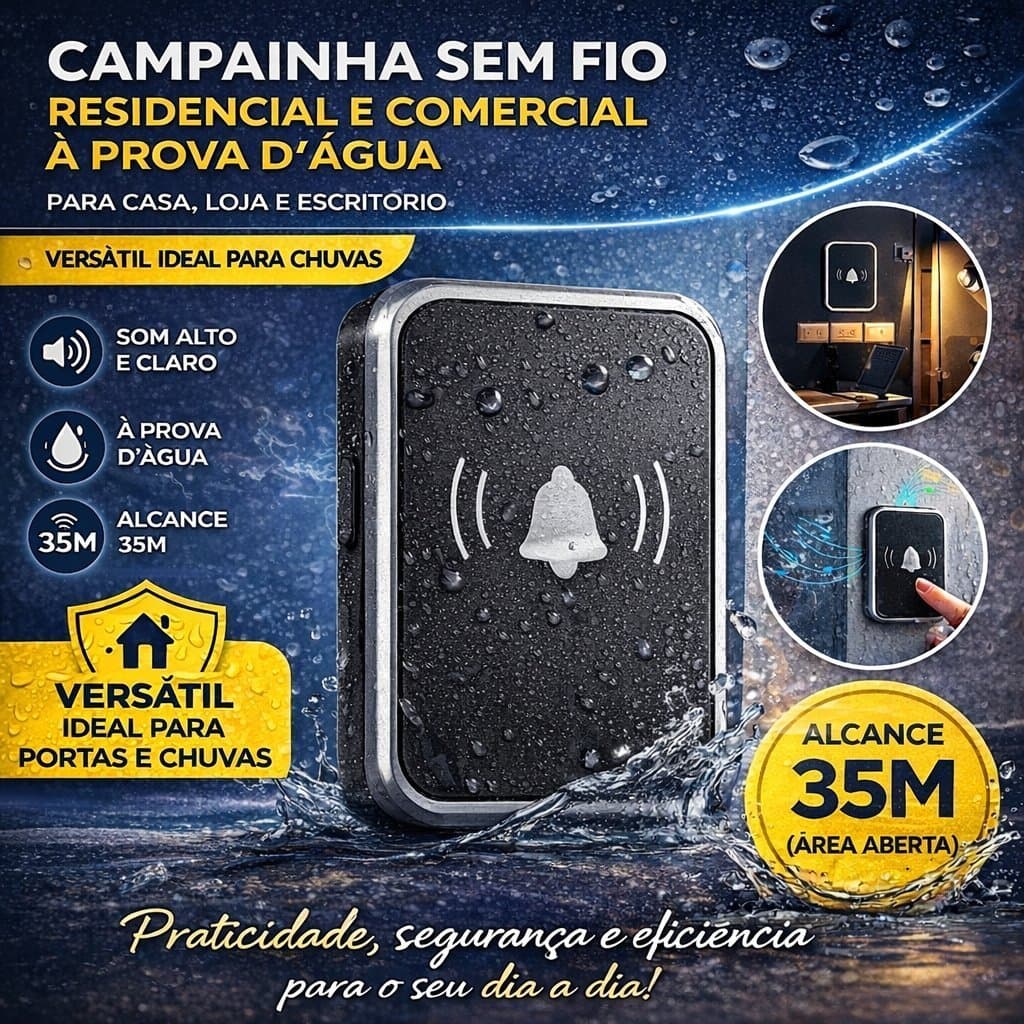 Campainha Sem Fio Residencial e Comercial à Prova d’Água para Casa Loja e Escritório