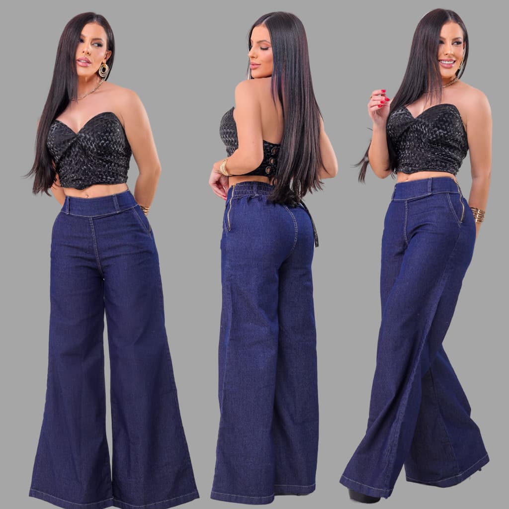 Calça Flare Feminina Widi Leg Jeans Escuro | Modelagem Confortável com Zíper Lateral e Cós Ajustável