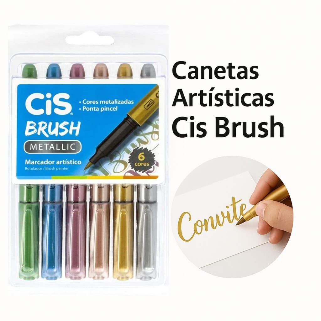 Kit 6 Canetas Brush Metallic CIS Marcador Artistico Ponta Pincel