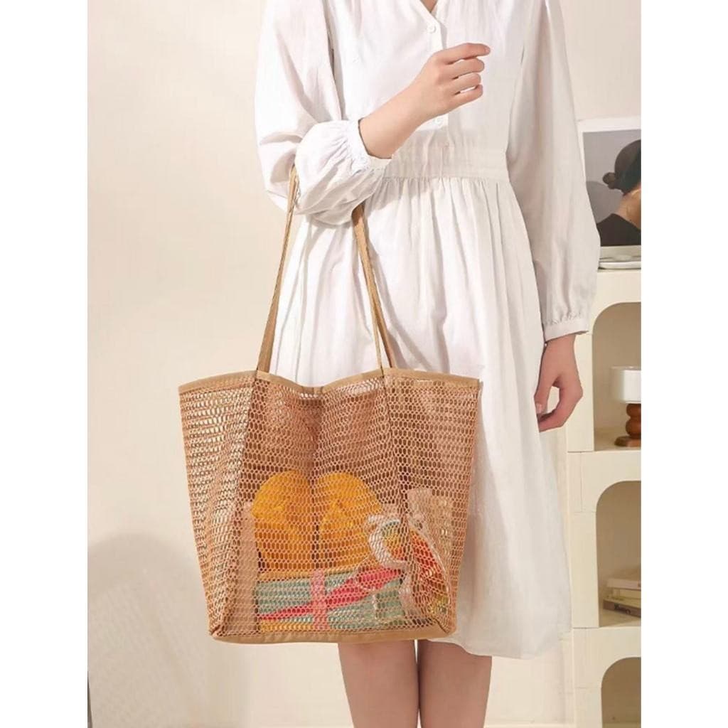 Bolsa Feminina de Praia Grande Moderna em Tela Resistente Multiuso Piscina Verão--QingTian