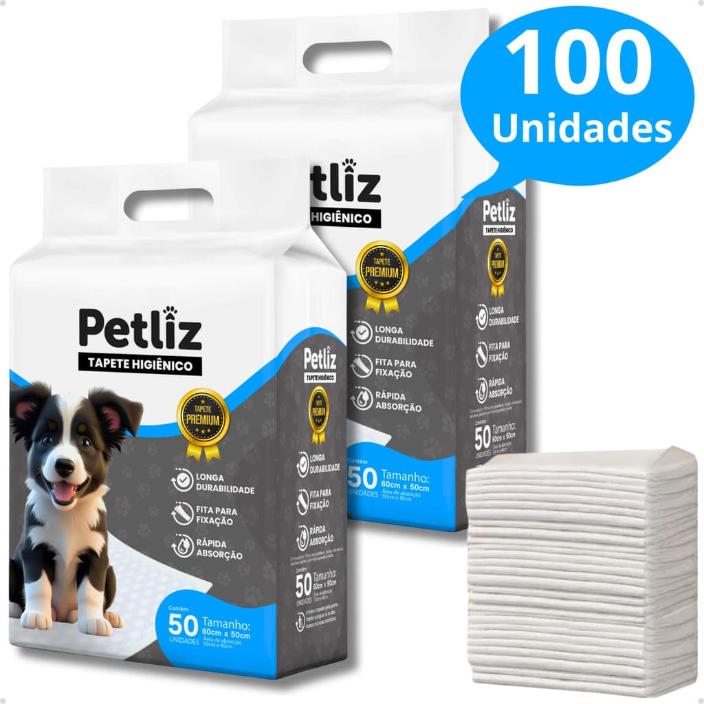 Kit 2 Tapete Higiênico Alta Absorção para Cachorro 60 x 50 cm - 50 unidades - Petliz