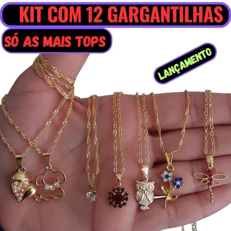 Kit 12 Correntes Com Pingentes Folheados A Ouro 18k E Prata 925 – Semi Joias De Luxo Para Revenda 💎