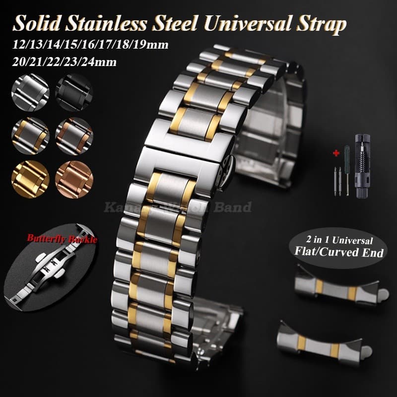 Pulseira De Relógio Universal De Aço Inoxidável Sólido 12/13/14/15/16/17/18/19/20/21/22/23/24mm Metal Flat Curved End Do