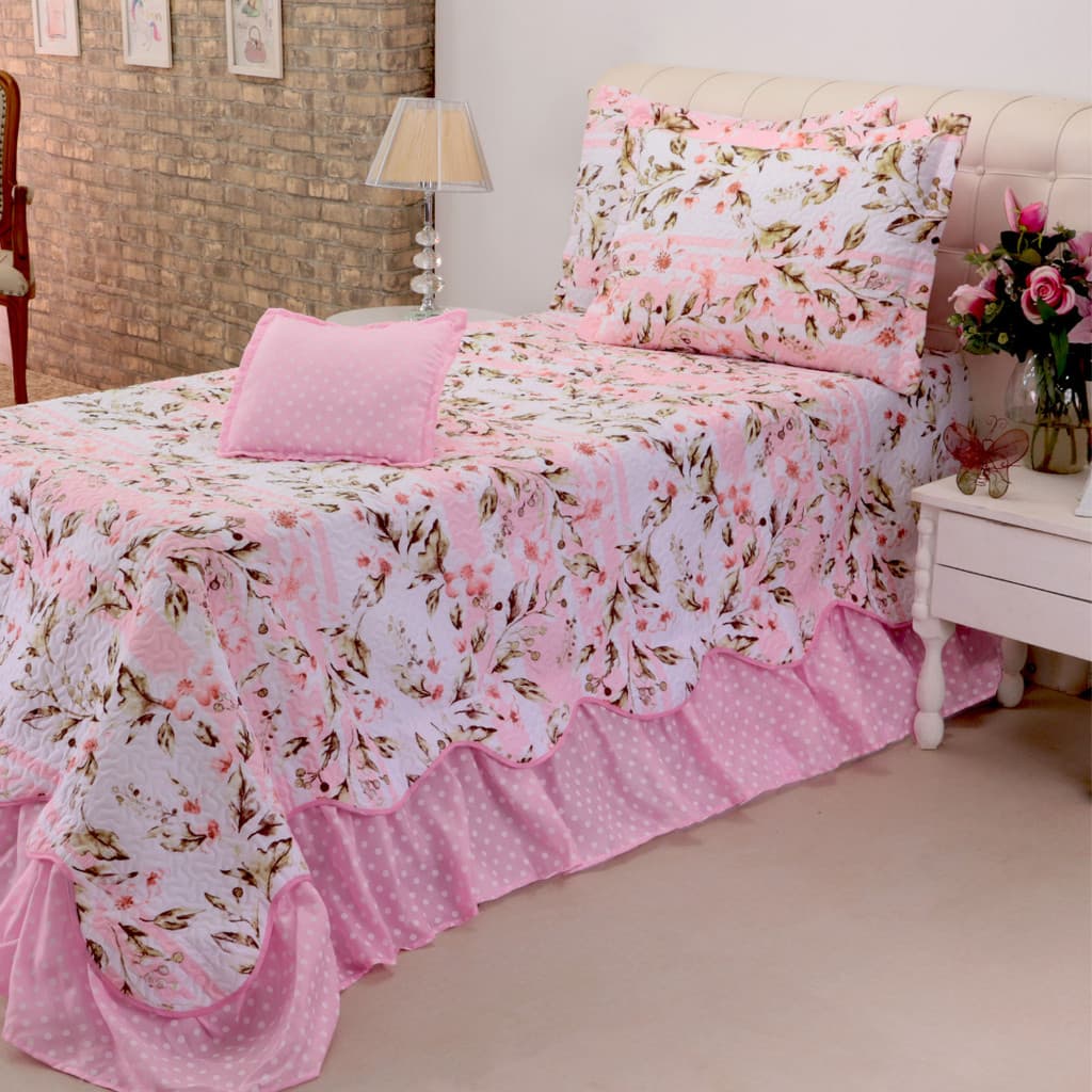 Kit Cobre Leito Colcha Solteiro 3 Peças Lírio Rosa