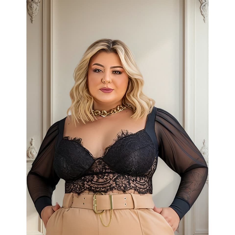 Cropped Luxo Renda Ano Novo Manga Longa Em Tule