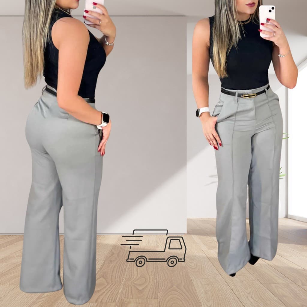 Calça Pantalona Com Cinto Cinza Feminina - para ficar confortável