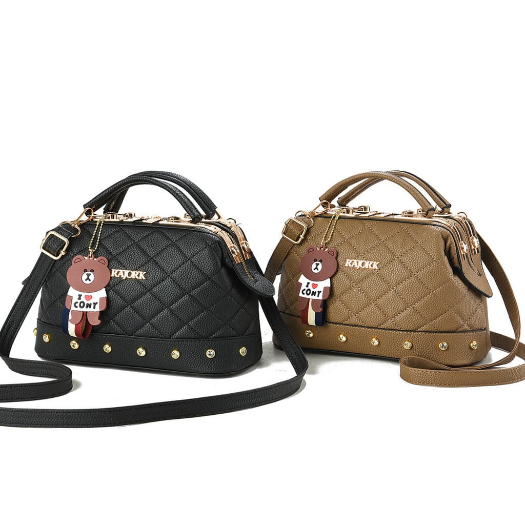 Bolsa Feminina Acolchoada Fofa Com Alça Destacável, Fecho De Zíper E Charm De Urso Adorável