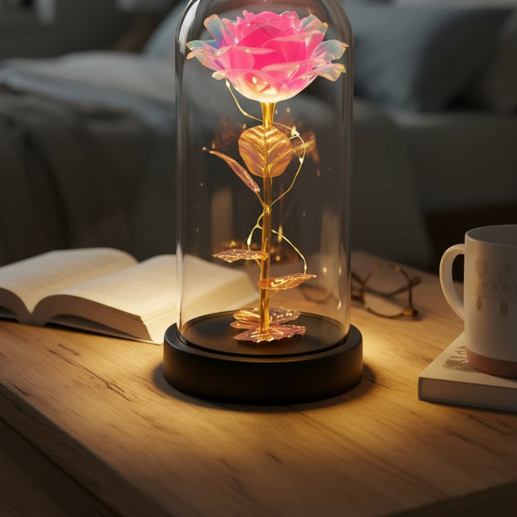 Rosa Encantada Iluminada Led Em Cúpula Luminária De Mesa