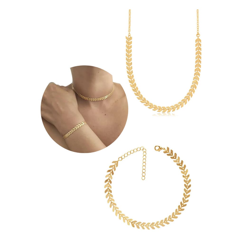 CHOCKERS COLAR ESCAMA + PULSEIRA ESCAMA FOLHEADO A OURO