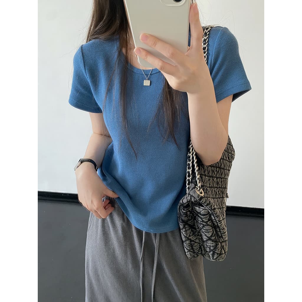 Sun Pomelo Commuter All-Match Cor Sólida Waffle Camiseta Primavera Verão Camiseta Estilo Coreano Em Torno Do Pescoço Pul