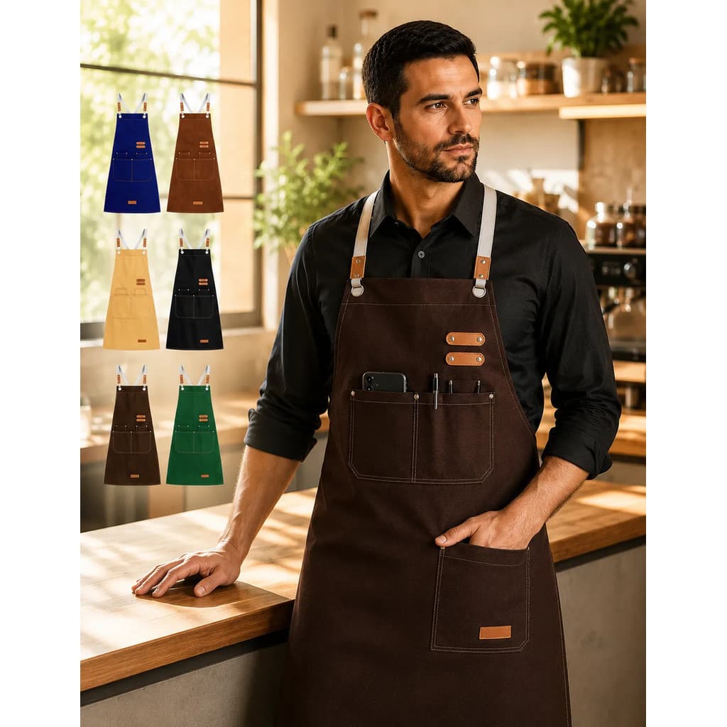 Avental Profissional Unissex De Lona Impermeável Respirável Ajustável com Bolsos para Churrasco Cozinha Chef Barista
