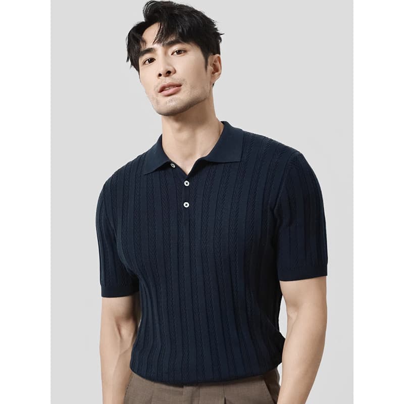 Americano Retro verão luz luxo masculino Jacquard lapela camisa polo de malha fino-ajuste All-match respirável de manga