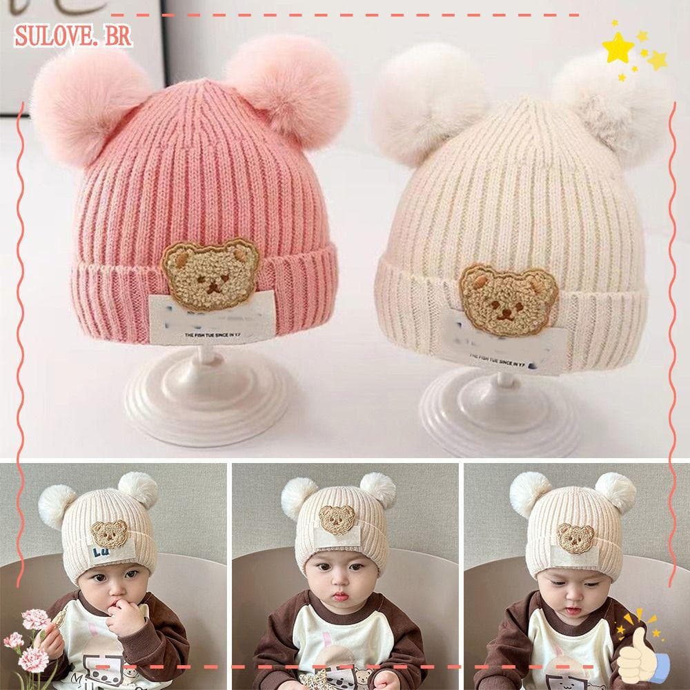 SULOVEDU Chapéu De Inverno De 0 A 3 Anos , Malha Macio E Fofo Para Bebê , Bola De Pelúcia De Cor Sólida De Desenho Anima