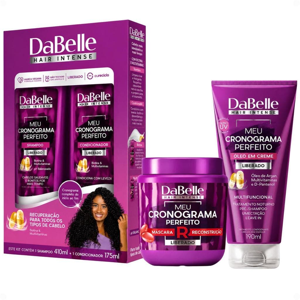 DaBelle Meu Cronograma Perfeito: Shampoo 410ml e Cond 175ml + Máscara de Reconstrução, Óleo em Creme