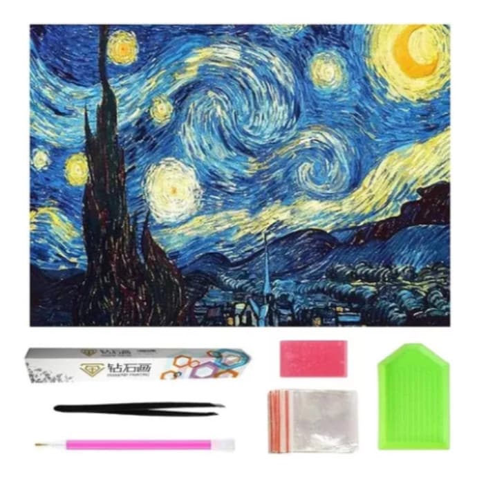 Kit Pintura com diamantes 5D Noite Estrelada Van Gogh 30x40