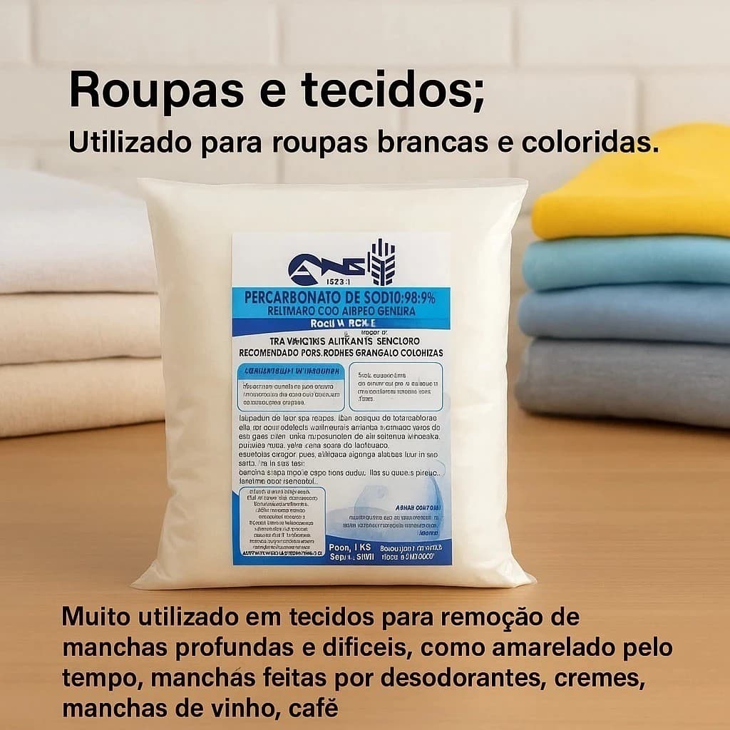 Percarbonato de Sódio Tira Manchas 1KG Clareador de Roupas Brancas e Coloridas Tira Manchas