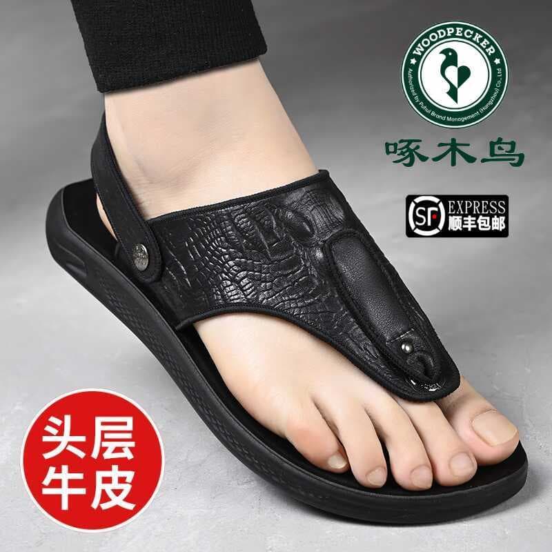 Woodpecker sandálias masculinas verão novo estilo couro genuíno Casual sapatos de praia primeira camada de couro antider