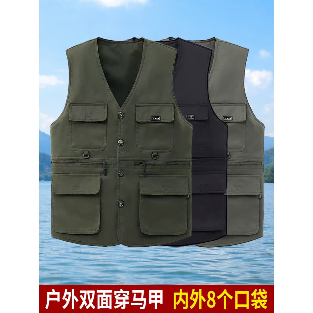 Primavera outono meia-idade idosos colete de pesca masculino pai roupas masculinas tamanho grande Multi-bolso colete dup