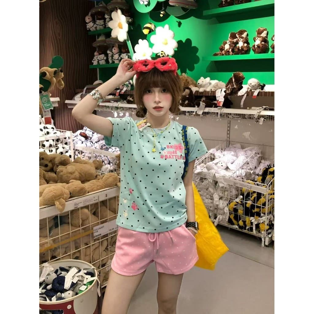 Camiseta Feminina Dophamina com Estampa de Bolinhas, Moda de Verão, Manga Curta, Casual, Efeito Emagrecedor DHI1