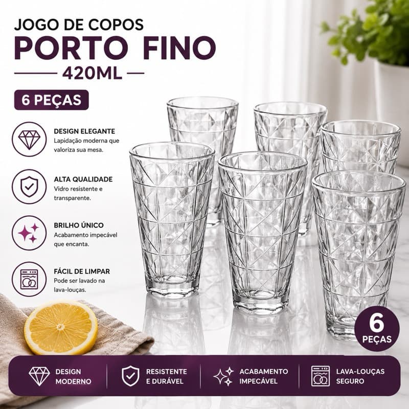 Kit 6 Copos de Vidro Porto Fino Long 420ml Transparente Resistente Dumiat Rio Glass
