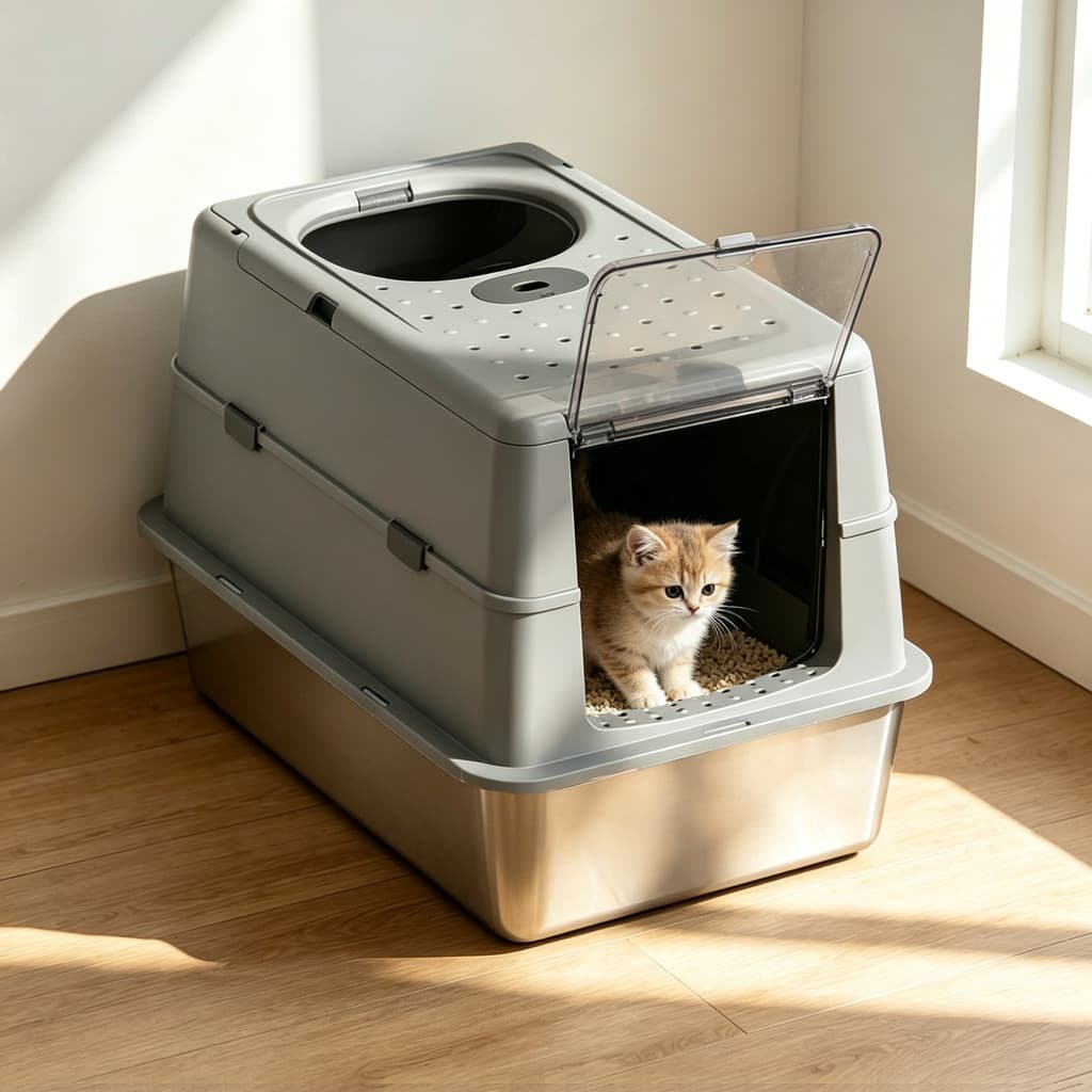 Caixa de Areia Inox 3 em 1 Fechada 60cm, Anti-Espalhamento, Desmontável com Carvão Ativado para Gatos Grandes