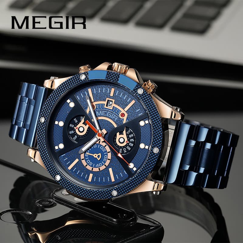 MEGIR Megel Relógio Masculino Banda de Aço de Negócios Calendário Luminoso À Prova D 'Água Mostrador Grande Relógio de Q