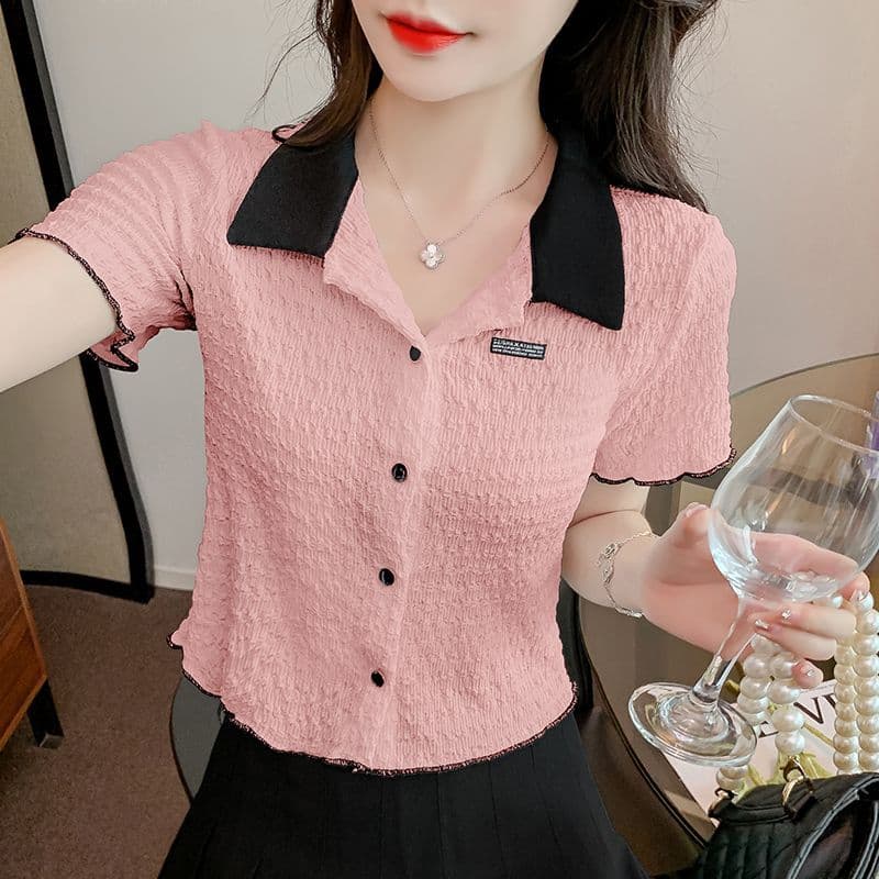 Contraste cor lapela camisa de manga curta feminina 2024 verão novo estilo estilo francês camisa polo camisa plissada cu