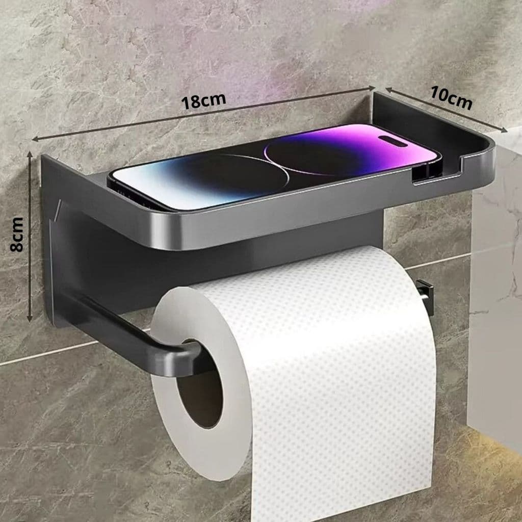 Suporte Duplo para Papel Higiênico sem Furação em Plástico com Prateleira para Celular Organizador de Banheiro