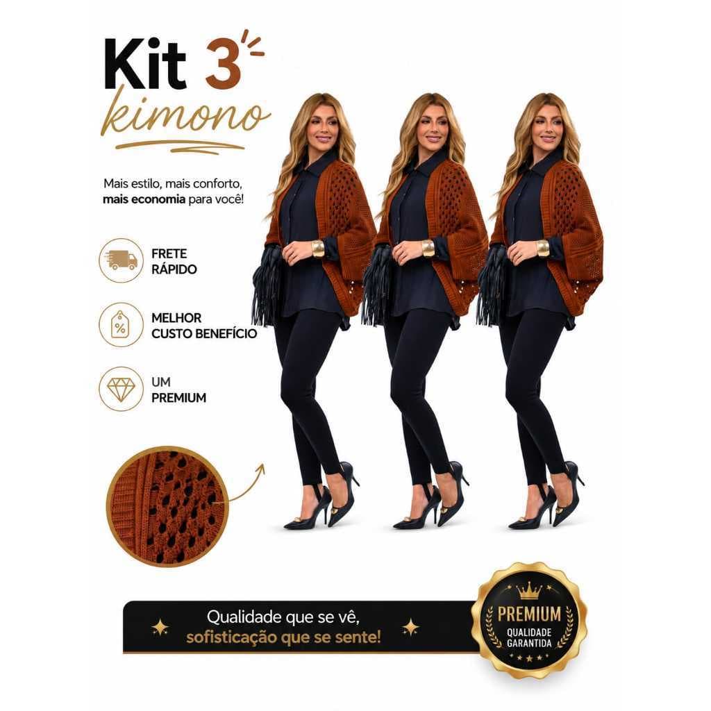 KIT 3 KIMONO CAPA INVERNO FEMININO TRICO PREMIUM LUXO DIA A DIA CONFORTAVEL RENDADO PLUS SIZE