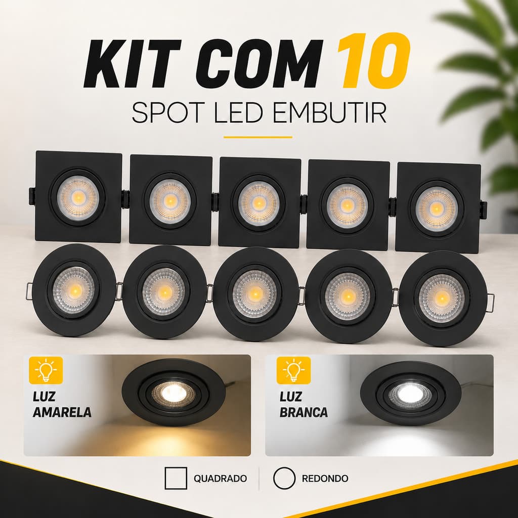 Kit 10 Spot embutir Luminárias Led Preto Quadrado Redondo Embutir 3000k 4000K 6500k 5W/7W Bivolt 110v/220v Supimpa Gesso