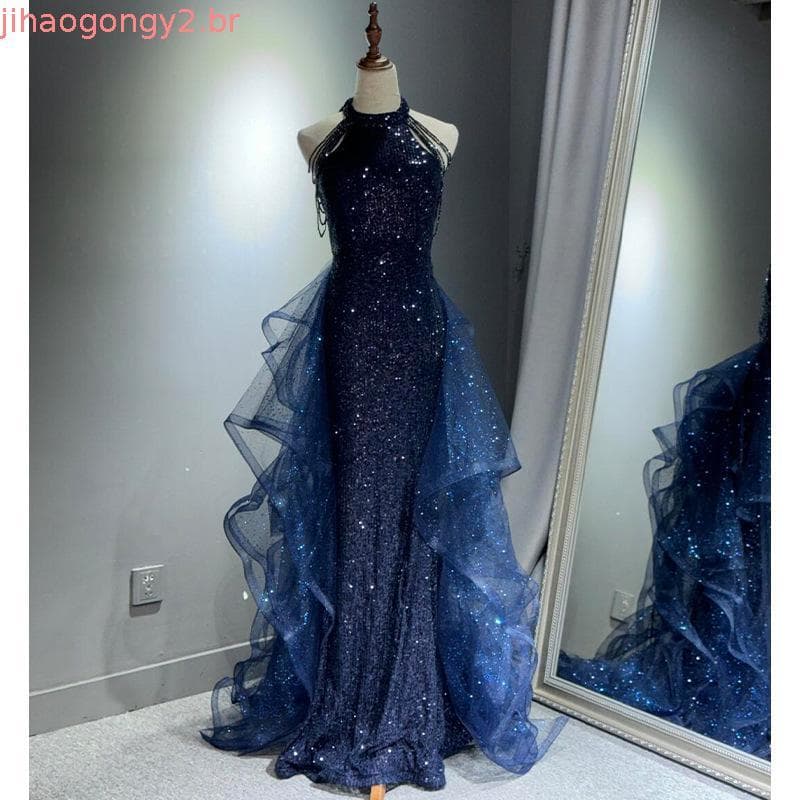 Vestido de Noite Azul Mulheres 2025 Novo Luxo Leve Nicho Alta Qualidade Piano Vocal Violino Exame de Arte Apresentadora