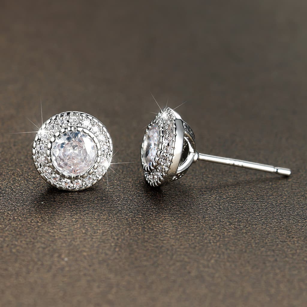 [Estoque pronto] Platina Super Piscando Redondo Cheio de Diamante Grande Zircão Brincos Meninas Joias Simples Pequeno Te