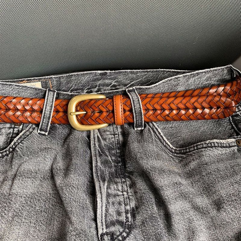 Cinto de couro puro tecido à mão masculino, armação espessada, Design de couro genuíno, cinto retrô de cobre puro, fivel