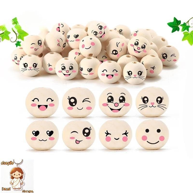 8 Estilos De Contas De Madeira Com Rosto 20 mm Sorriso Natural Redondas Furo Pacote De 80