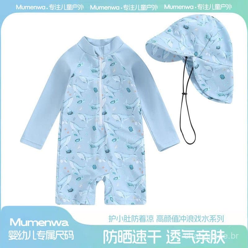 Novo Maiô de Proteção Solar para Bebês Meninos, Conjunto Infantil Classe A com Touca de Natação, Roupa de Banho para Beb