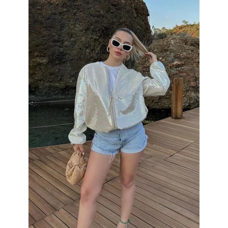 Jaqueta Bomber com Lantejoulas da Suninheart para Mulheres, Moda 2023, Casaco Casual Feminino, Gola Redonda, Manga Longa