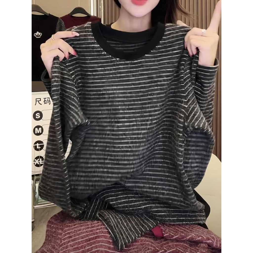 Tamanho grande listrado camisa de fundo feminino outono inverno novo estilo solto mais magro olhar de manga comprida tér