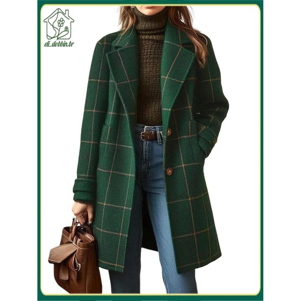 [eli_dobbin.br] Casaco Feminino De Inverno Com Gola Entalhada Xadrez De Lã Botões , Sobretudo Médio Longo , Verde Escuro