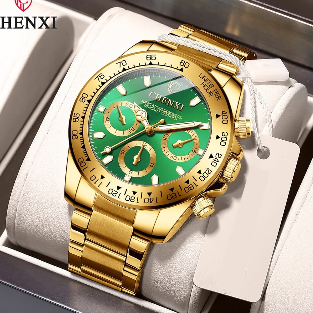 CHENXI Relógio Masculino De Aço Inoxidável Top Quailty Luxo Mostrador Verde Relógios De Pulso Dourados Para Homens À Pro