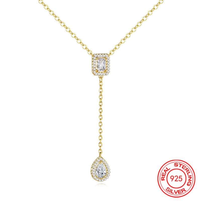 Corrente Longa de Prata Esterlina 925 com Zircônia em Forma de Gota de Água e Ouro 18K para Mulheres e Meninas, Joia de