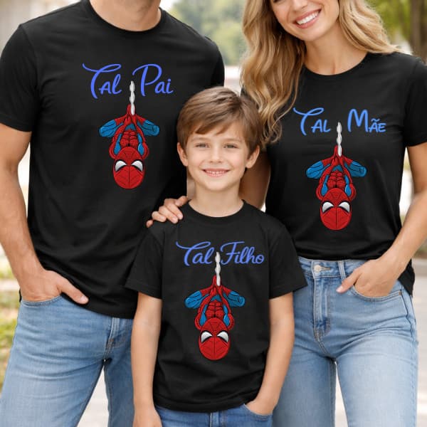 KIT DE CAMISETA TAL PAI TAL MÃE E TAL FILHO DO HOMEM ARANHA MENINO, UNISSEX E BASICA 100%ALGOÃO