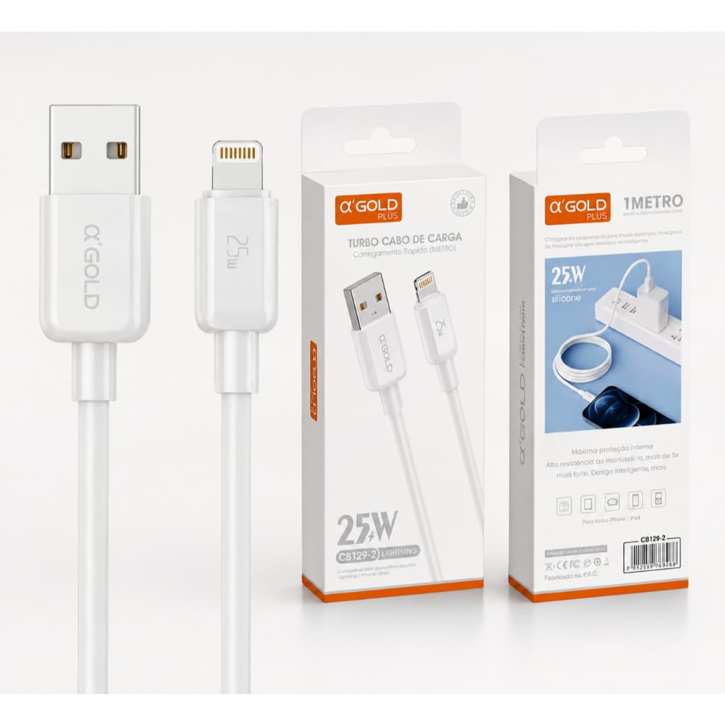 Cabo Lightning para iPhone 25W 1 Metro Carregamento Rápido USB Reforçado Alpha Gold Plus