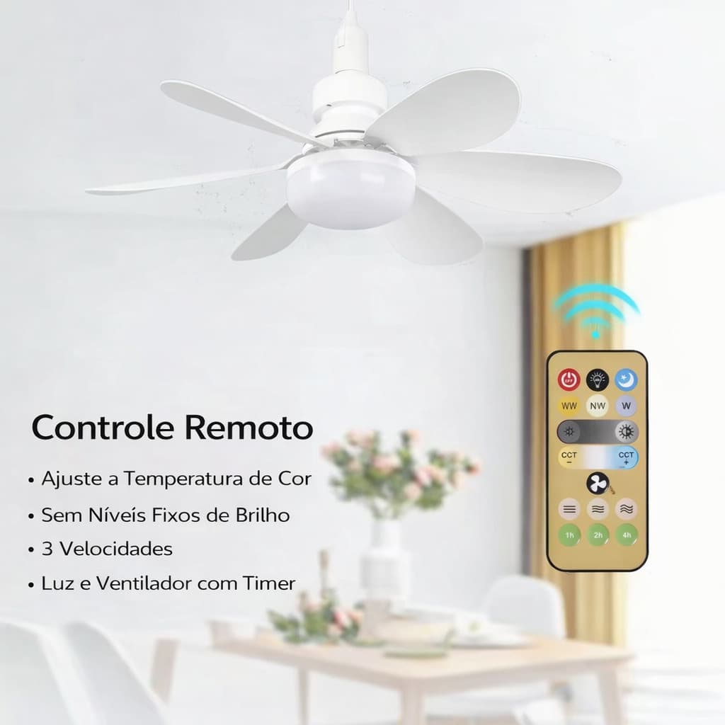 Ventilador de Teto com Luz LED Soquete E27 Controle Remoto 3 Cores Dimerizável 3 Velocidades Temporizador Silencioso 60W