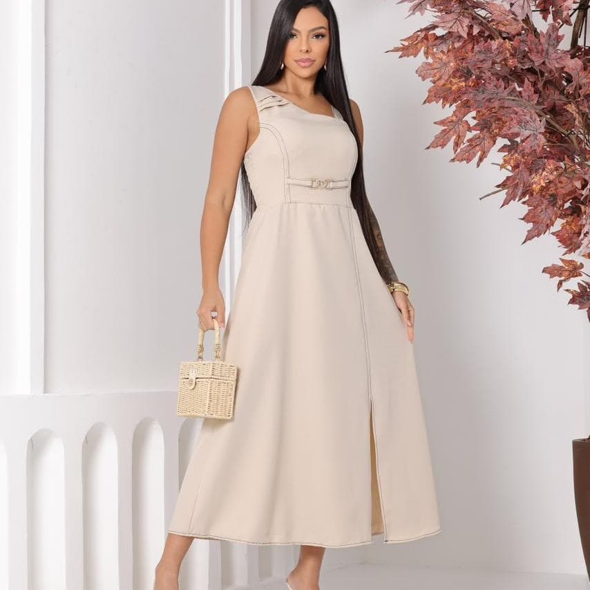 Vestido Midi Feminino Um Ombro Só com Fenda e Fivela Elegante Festa Casamento Premium
