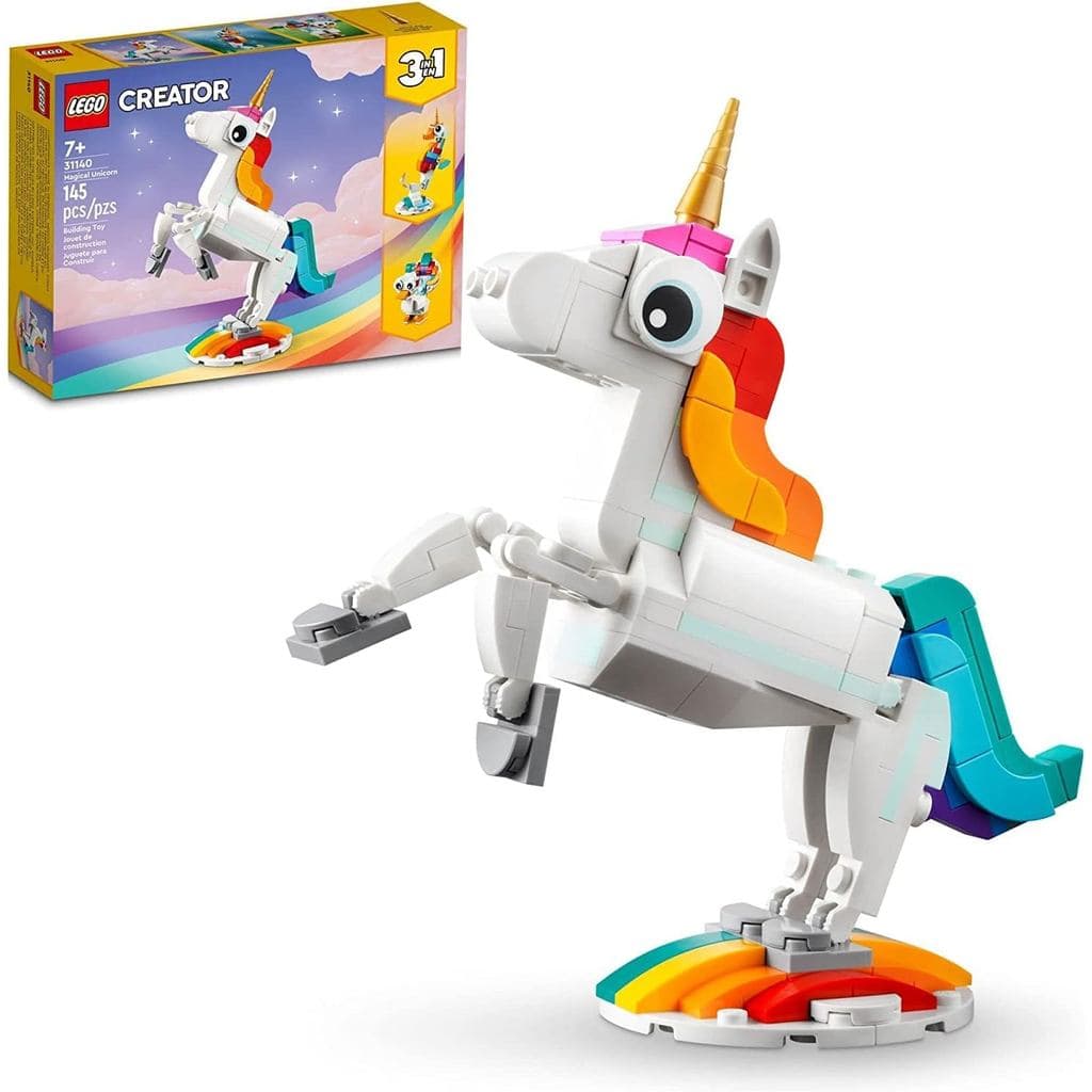 LEGO Creator 3 em 1 Brinquedo Unicórnio Mágico, Transforma-se em Cavalo-Marinho e em Pavão, Figuras de Animais Arco-Íris